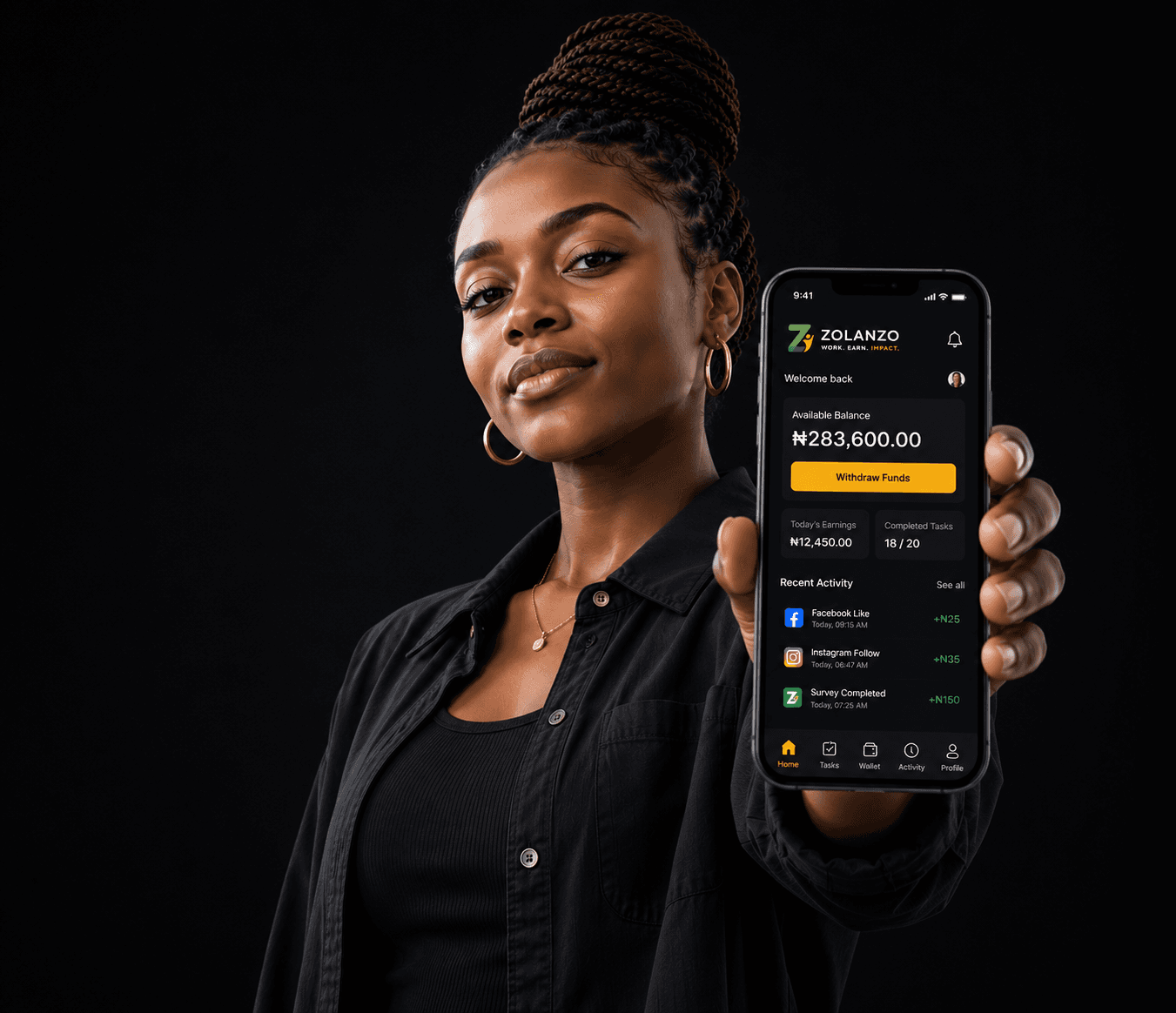 ZOLANZO Talent displaying mobile app interface