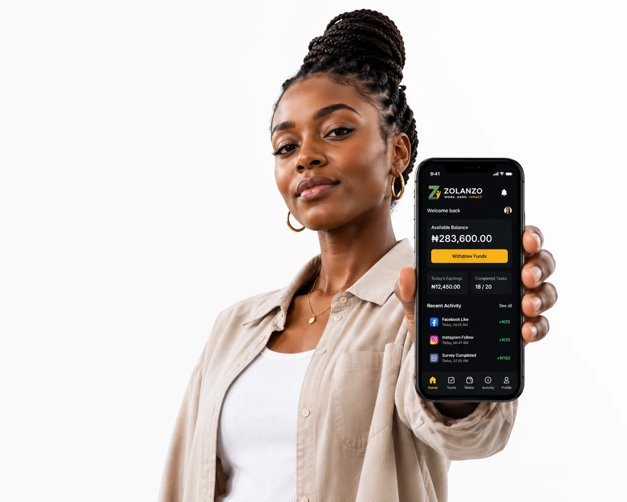 ZOLANZO Talent displaying mobile app interface