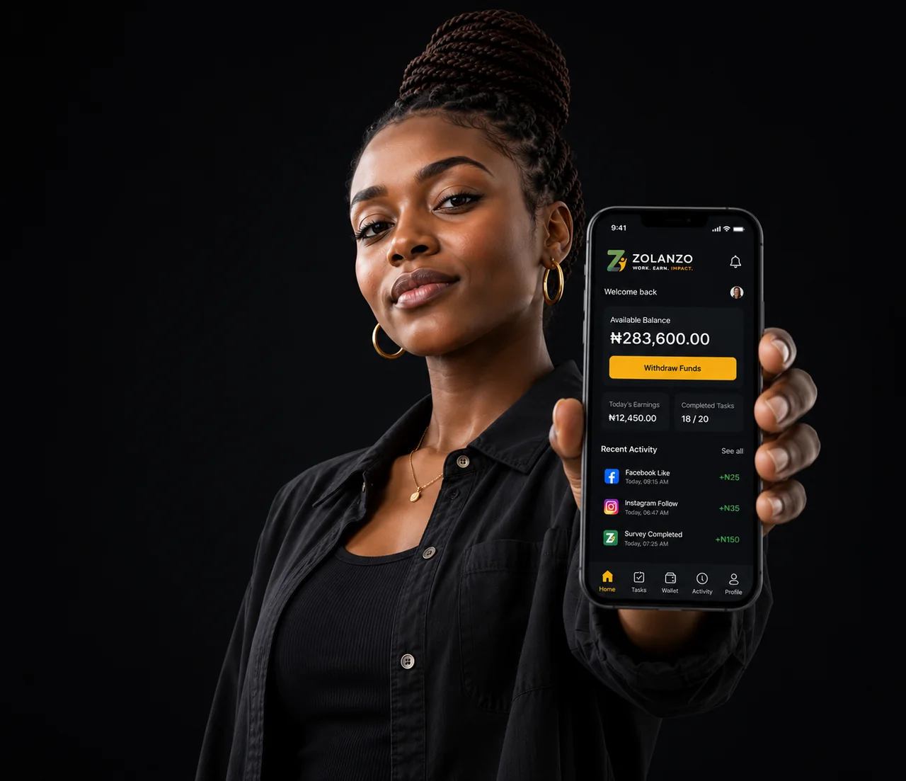 ZOLANZO Talent displaying mobile app interface